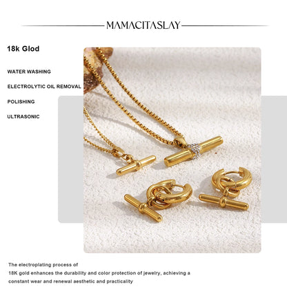 MamacitaSlay 316L Stainless Steel T-Bar Pendant Necklace Earrings Waterproof 18K Gold Plated Jewelry Women's Earrings Necklace