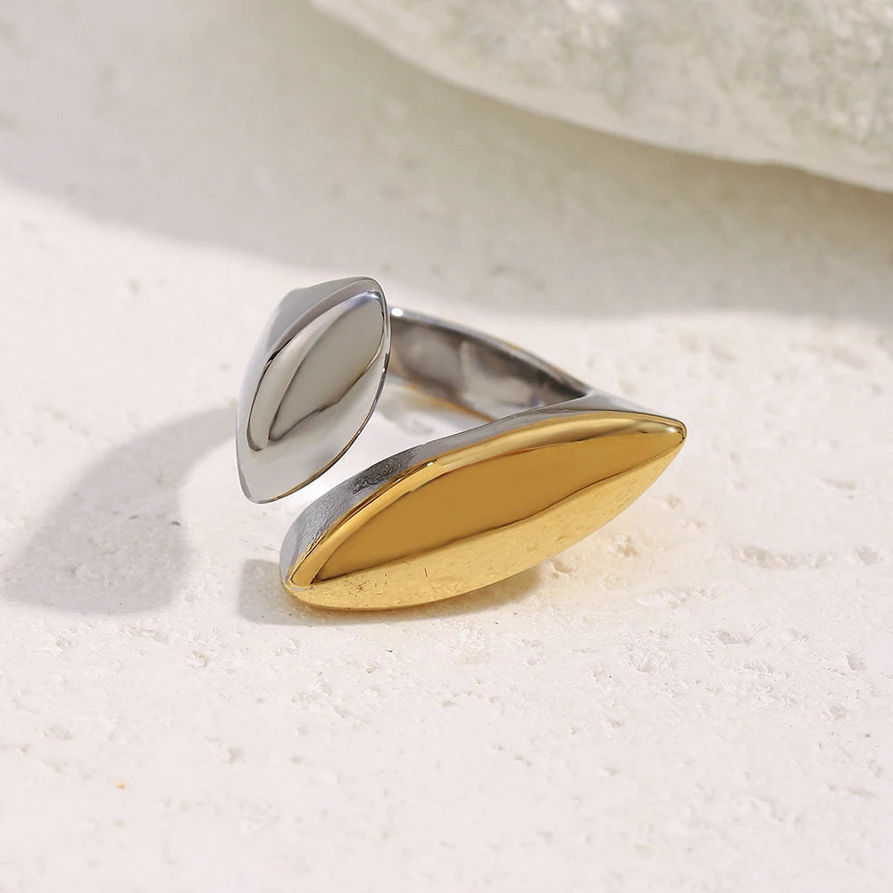 MamacitaSlay 316L Stainless Steel Two Tone Willow Asymmetrical Opening Ring Party Waterproof Jewelry Women's Unique Cool Ring