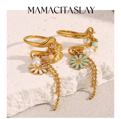 MamacitaSlay 316L Stainless Steel Pearl Flower Insect Tassel Ring Creative Waterproof Jewelry Women's Elegant Adjustable Ring