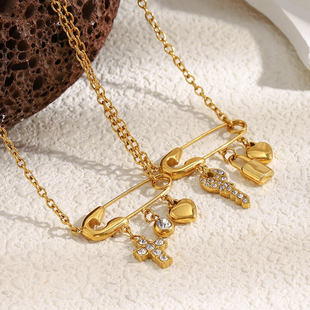 MamacitaSlay 316L Stainless Steel Zircon Paper Clip Key Lock Cross Pendant Necklace Waterproof Jewelry Women's Creative Necklace