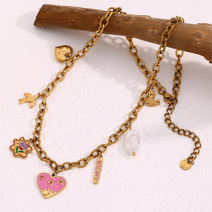 MamacitaSlay 316L Stainless Steel Baroque Pearl Enamel Heart Necklace 18K Gold Plated Waterproof Hawaiian Jewelry For Women Gift