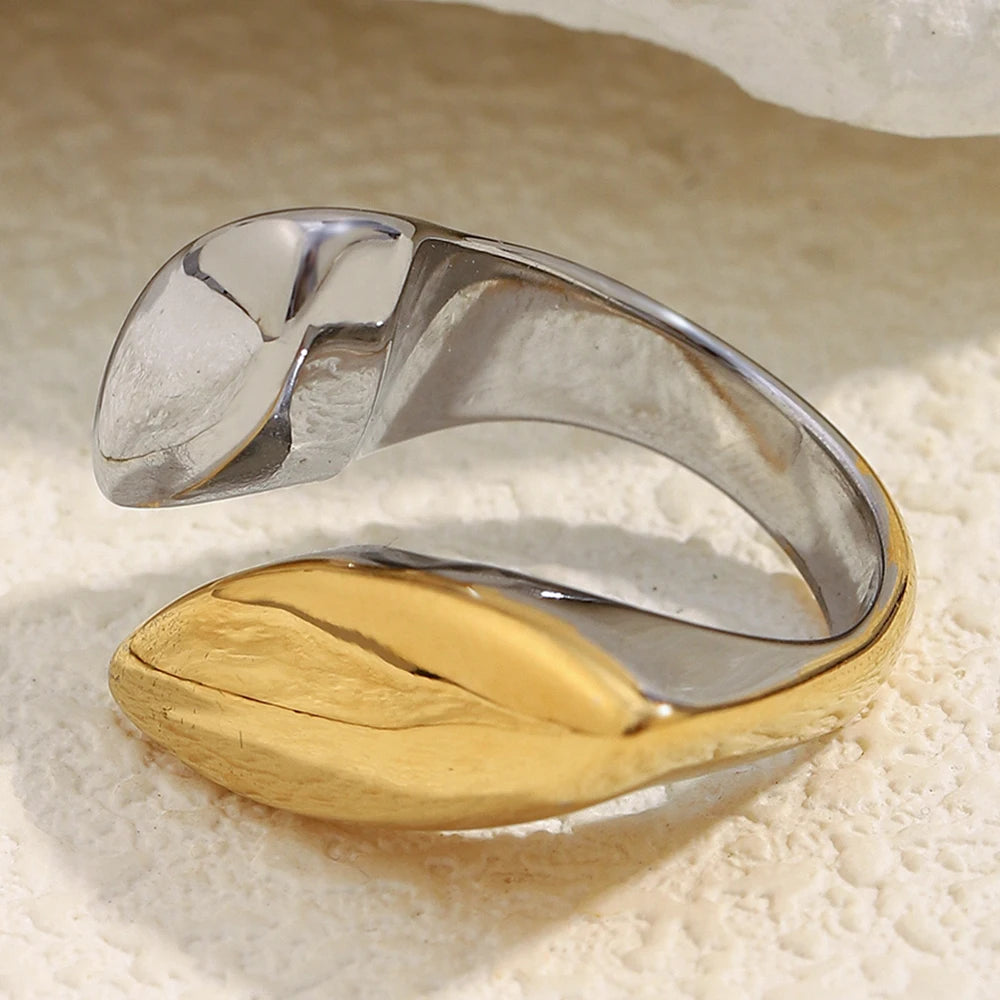 MamacitaSlay 316L Stainless Steel Two Tone Willow Asymmetrical Opening Ring Party Waterproof Jewelry Women's Unique Cool Ring