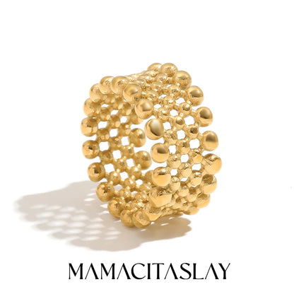 MamacitaPlay 316L Stainless Steel Mesh Hollow Out Ball Ring 18K Gold Plated Waterproof Jewelry For Women Trend Everyday Wear