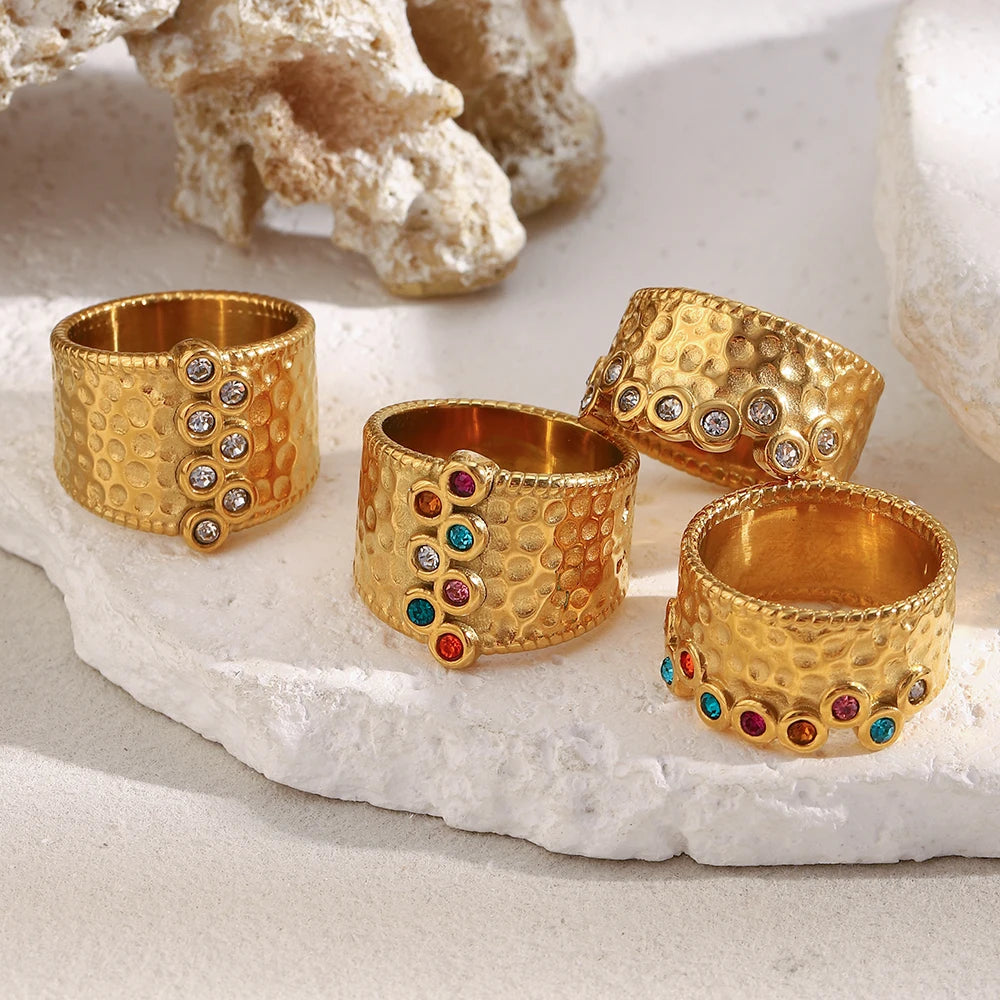 MamacitaSlay 316L Stainless Steel Multi Colored Zircon Hammer Patterned Wide Ring Party Waterproof Jewelry Women's Charm Ring