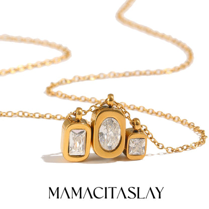 MamacitaSlay Elegant 316LStainless Steel Oval Rectangle Zircon Necklace 18K Gold Plated Waterproof Jewelry For Women Dainty Gift