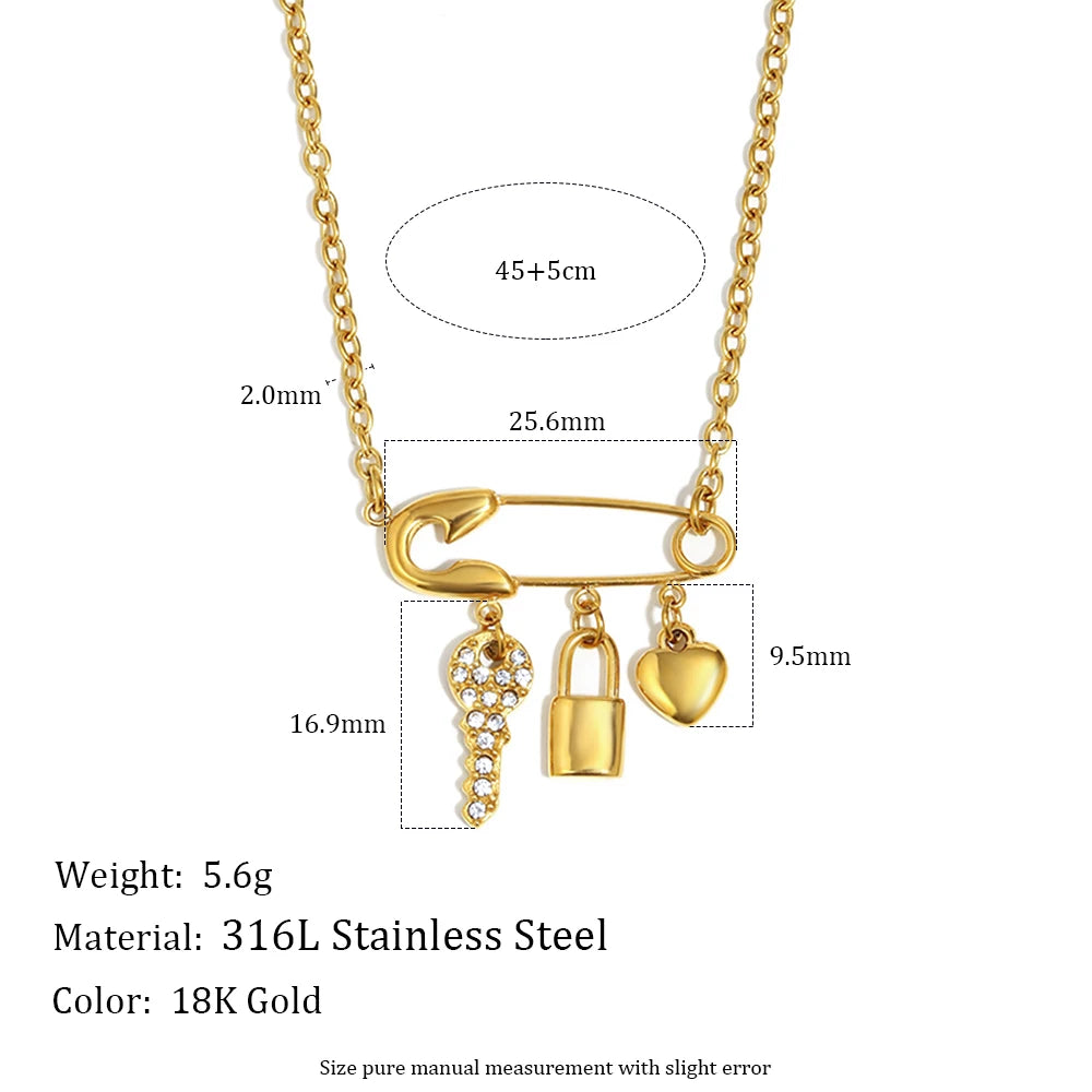 MamacitaSlay 316L Stainless Steel Zircon Paper Clip Key Lock Cross Pendant Necklace Waterproof Jewelry Women's Creative Necklace