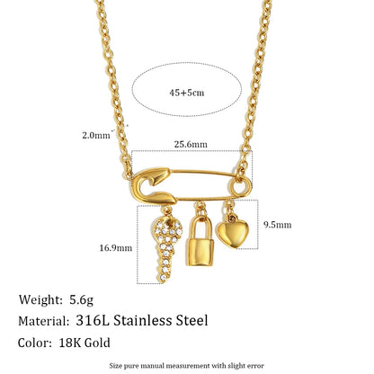 MamacitaSlay 316L Stainless Steel Zircon Paper Clip Key Lock Cross Pendant Necklace Waterproof Jewelry Women's Creative Necklace