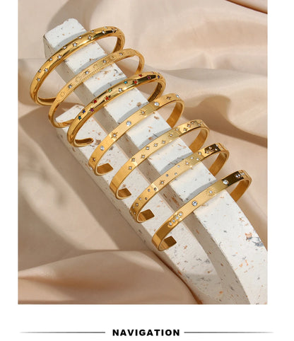 18K Gold Plated Deliacte Luxury Colorful Zircon Shiny Stars Cuff Bangles High Quality Waterproof Jewelry Bracelets for Women