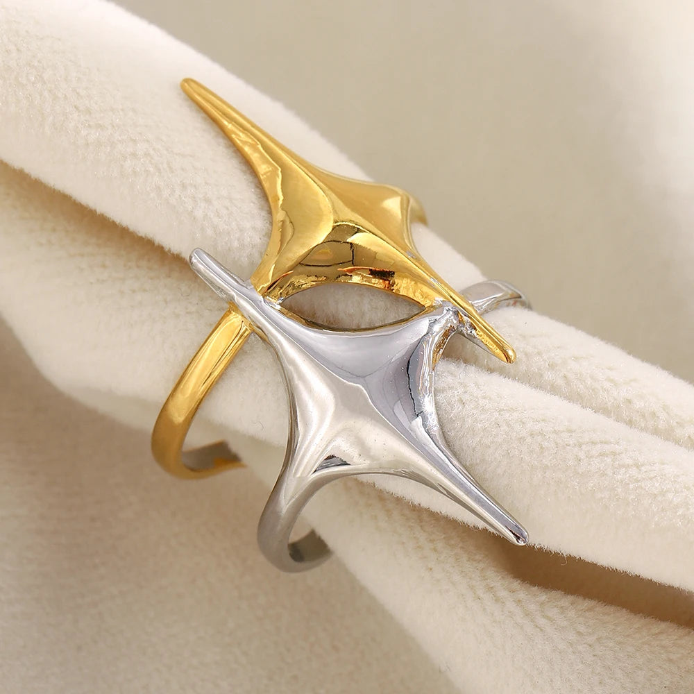 MamacitaSlay 316L Stainless Steel Mixed Color Double Star Open Ring Women's Party Waterproof 18K Gold Plated Ring Unique Ring