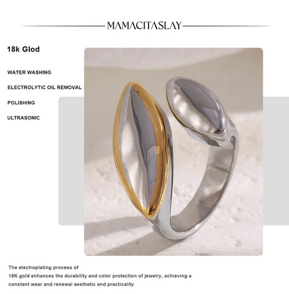MamacitaSlay 316L Stainless Steel Two Tone Asymmetric Oval Opening Ring Party Waterproof Jewelry Women's Unique Cool Ring Gift