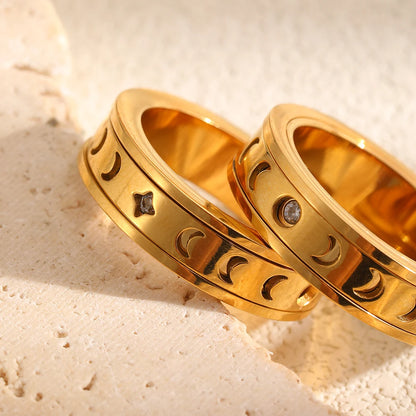 MamacitaSlay 316L Stainless Steel Spinning Moon Star Hollow Out Zircon Ring 18K Gold Plated Waterproof Jewelry For Women Gift