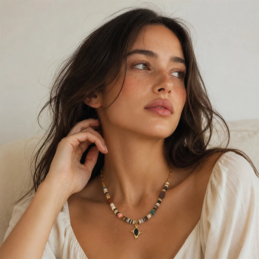 MamacitaSlay 316L Stainless Steel Natural Stone Bead Black Star Necklace 18K Gold Plated Waterproof Jewelry For Women Boho Gifts