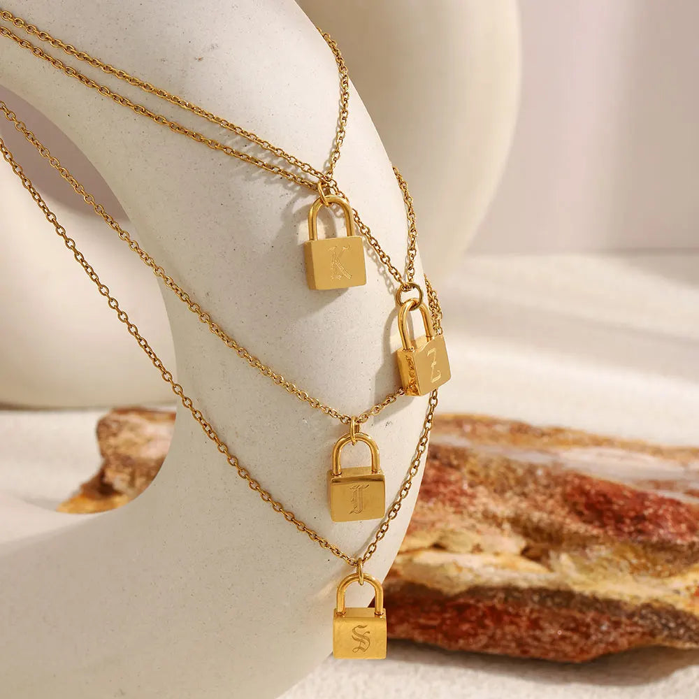 MamacitaSlay 316L Stainless Steel Ancient Letters Engaged Lock Pendant Necklace 18K Gold Plated Waterproof Neck Jewelry Gift