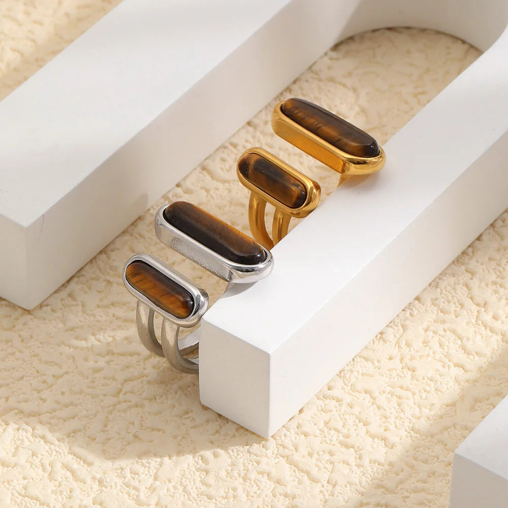 MamacitaSlay 316L Stainless Steel Tiger Eye Asymmetric Ring 18K Gold Plated Waterproof Vintage Jewelry For Women Everyday Wear