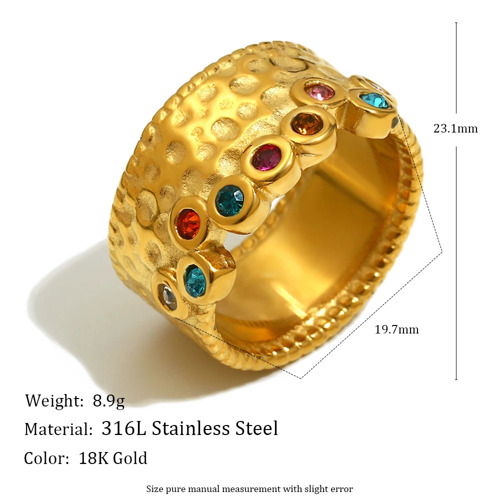 MamacitaSlay 316L Stainless Steel Multi Colored Zircon Hammer Patterned Wide Ring Party Waterproof Jewelry Women's Charm Ring