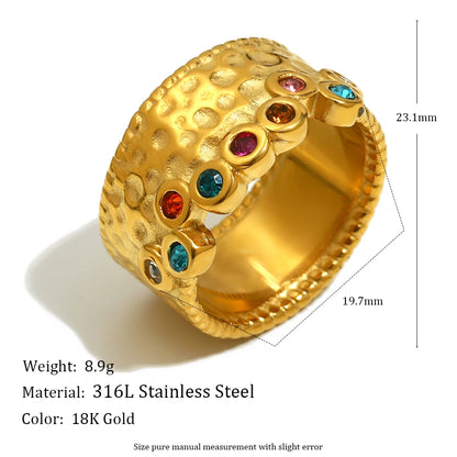 MamacitaSlay 316L Stainless Steel Multi Colored Zircon Hammer Patterned Wide Ring Party Waterproof Jewelry Women's Charm Ring