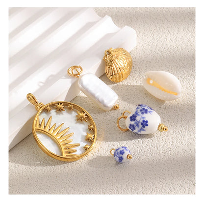 MamacitaSlay 18K Gold Plated Shell Moon Star Charm 316L Stainless Steel Ceramic Beads For DIY Earrings Bracelet Necklace Making