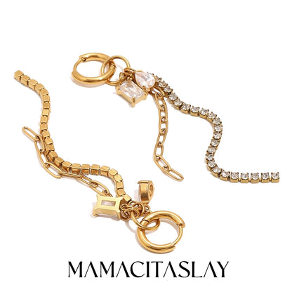 MamacitaSlay 316L Stainless Steel Mixed Chain Zircon Tassel Hoop Earrings 18K Gold Plated Waterproof Statement Jewelry For Women