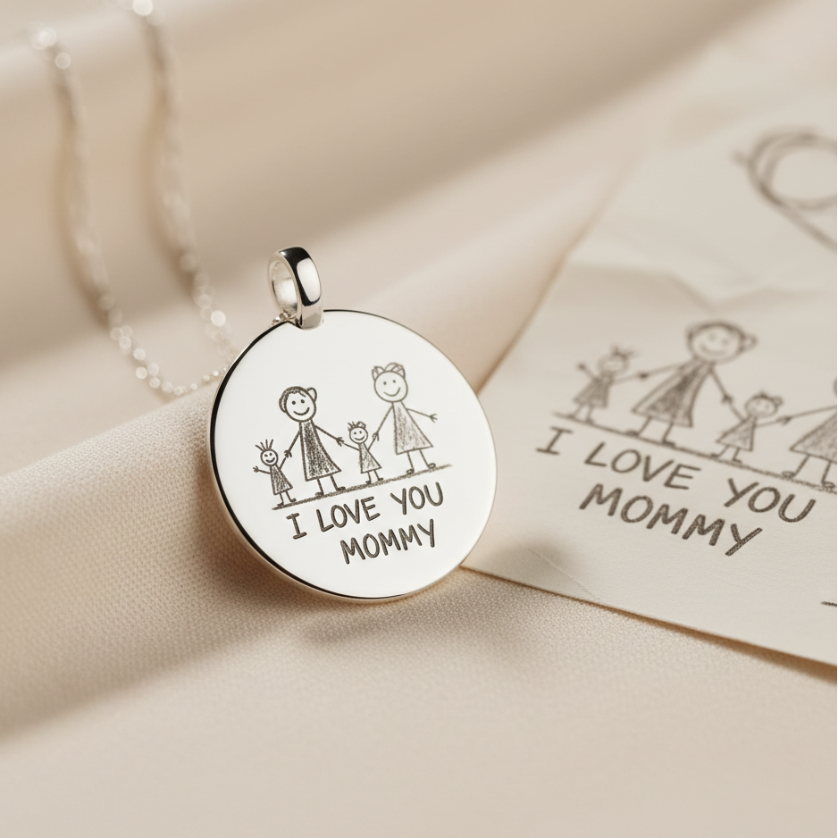 Silver pendant with 'I love you mommy' engraving on a beige fabric background