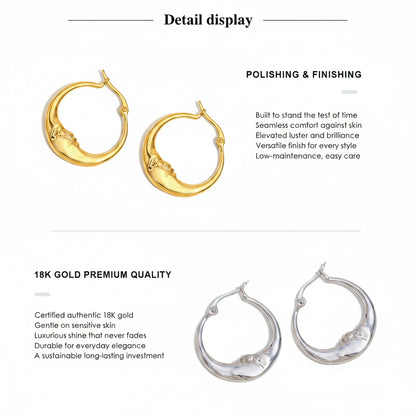 A product detail display showing two pairs of crescent-shaped hoop earrings, one in yellow gold and one in silver, with descriptive text about polishing, luster, and 18K gold premium quality on a white background.