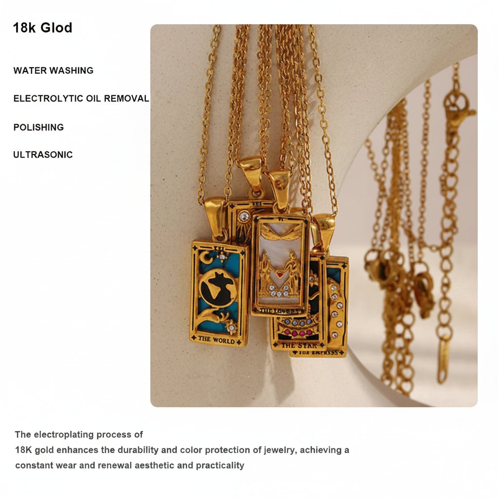 Gold necklaces with pendants on a beige background, featuring text about gold plating process.