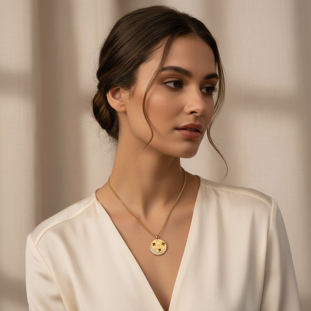 Gold necklace with a star-shaped pendant on a textured beige surface