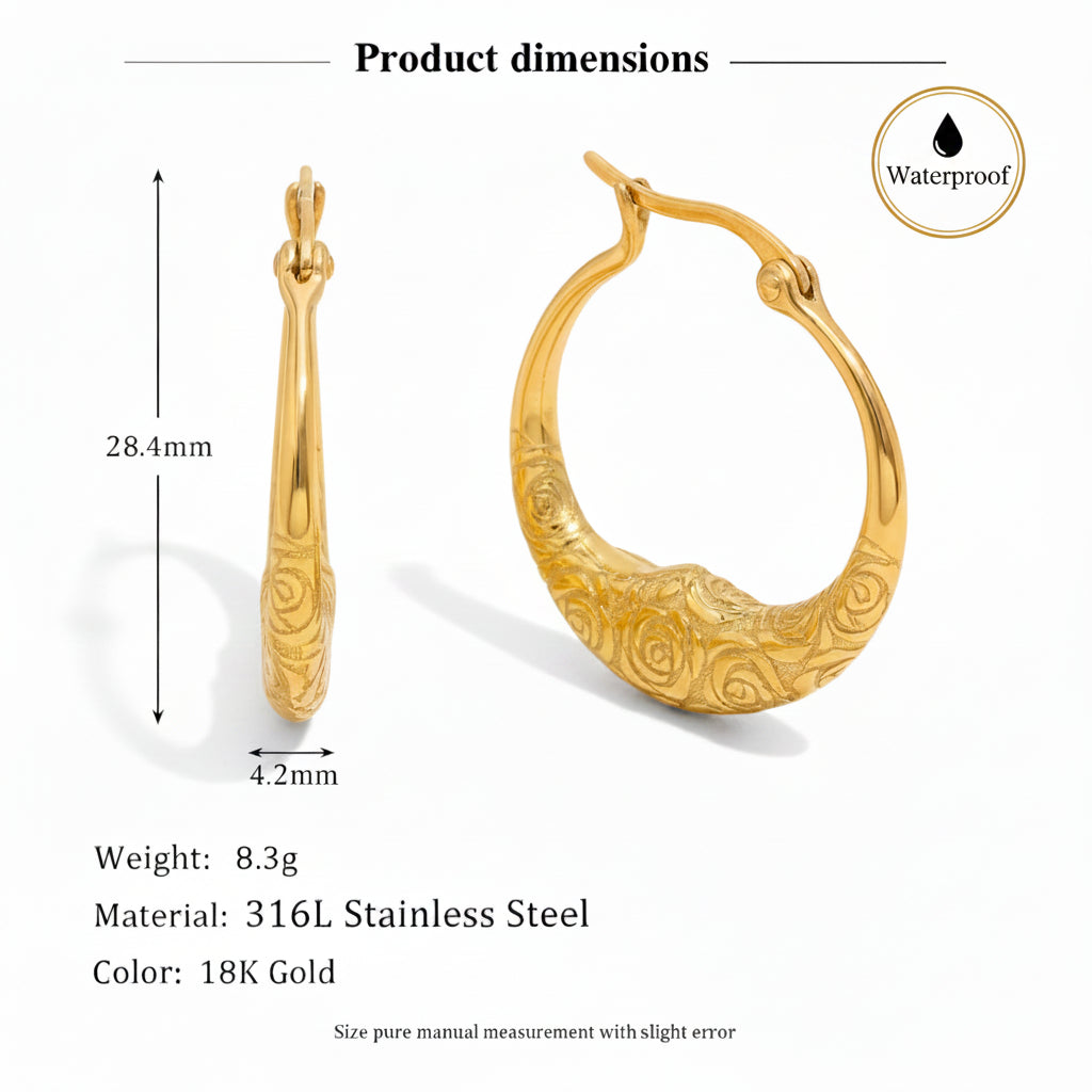 Gold-toned hoop earring shown on a white background with dimension labels, including a side profile, front view, 28.4mm height, and 4.
