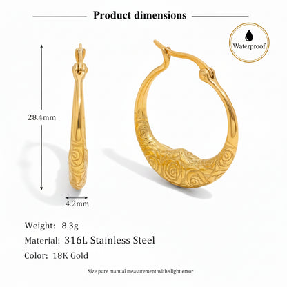 Gold-toned hoop earring shown on a white background with dimension labels, including a side profile, front view, 28.4mm height, and 4.