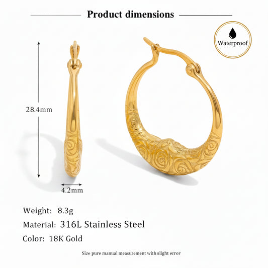 Gold-toned hoop earring shown on a white background with dimension labels, including a side profile, front view, 28.4mm height, and 4.