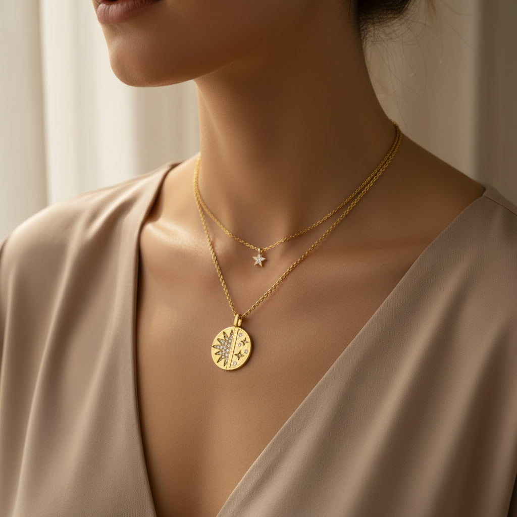 A gold-toned round pendant necklace with a celestial design featuring a star and crescent moon embellished with clear rhinestones, resting on a textured beige stone surface.