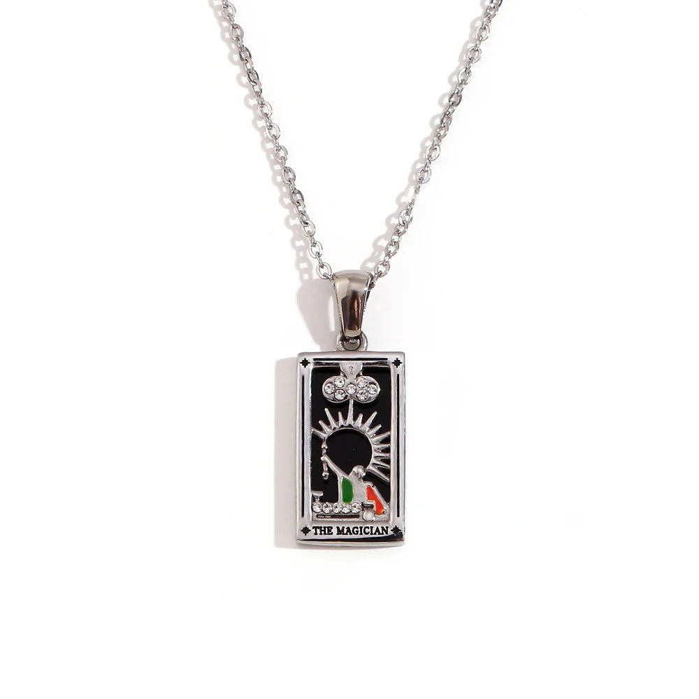 Pendant necklace with tarot card design on a white background
