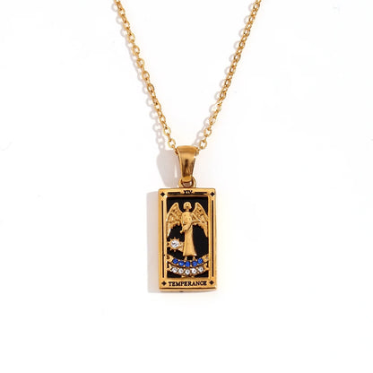 Gold pendant necklace with tarot card design on a white background