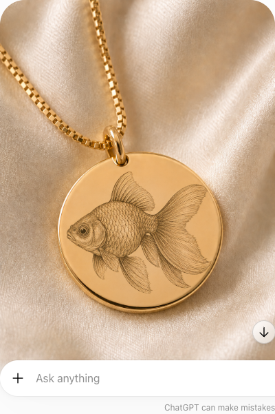Inner Ziva Pet Portrait Disc engraved with a goldfish's portrait, showing the engraving works for any pet, not just cats and dogs