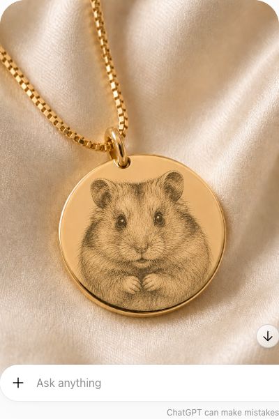 Inner Ziva Pet Portrait Disc engraved with a hamster's portrait, showing the engraving works for small pets too