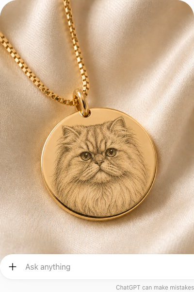 Inner Ziva Pet Portrait Disc engraved with a cat's portrait, showing the engraving works beautifully for cats too